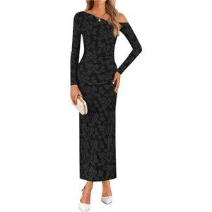 Women's Floral Off Shoulder Bodycon Maxi Dress Black